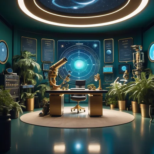 Prompt: A cinematic studio setting with an illuminated Quranic verse about knowledge on the back wall. A digital screen displays cosmic imagery like stars and galaxies. A sleek desk with scientific instruments such as a telescope and a microscope sits in the center, surrounded by green plants. The lighting combines futuristic blue and warm gold tones for a thoughtful and engaging atmosphere