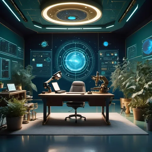 Prompt: A cinematic studio setting with an illuminated Quranic verse about knowledge on the back wall. A digital screen displays cosmic imagery like stars and galaxies. A sleek desk with scientific instruments such as a telescope and a microscope sits in the center, surrounded by green plants. The lighting combines futuristic blue and warm gold tones for a thoughtful and engaging atmosphere.

