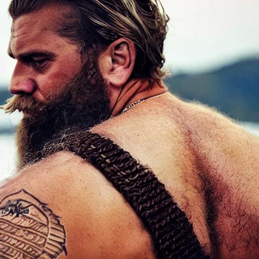 Prompt: hairy burly young adult bearded viking strongmen sniffing rank armpit, muscular dirty unwashed body, hairy chest and armpits, hairy back and hands, lots of body hair, fat and greasy, enjoying dirt and sweaty body odor, drenched in sweat. warmth, comforting, epic, manliness, rustic, epic. highly detailed coloured photography.