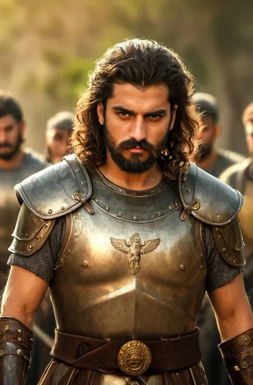 Prompt: A portrait of an arab knight, detailed face, curly dark brown long hairs on sides, medium Beard and long moustache, middle eastern face, serious look on his face, attractive, germanic cherusci warrior portrait brunette bearded, Leonidas of 300 inspired, elegant, military armor, highly detailed, sharp face, UHD, HDR, beautiful majestic armor,