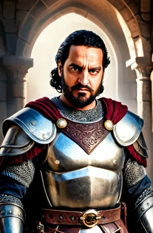 Prompt: A portrait of an arab knight, detailed face, curly dark brown long hairs on sides, medium Beard and long moustache, middle eastern face, serious look on his face, attractive, germanic cherusci warrior portrait brunette bearded, Leonidas of 300 inspired, elegant, military armor, highly detailed, sharp face, UHD, HDR, beautiful majestic armor,