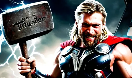 Prompt: O super-herói "Thor" segura o cabo de 1 poderoso martelo de ferro brilhante. On the background " Thunder Amir" is written,