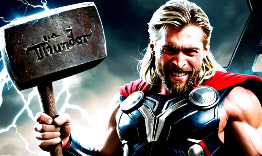 Prompt: O super-herói "Thor" segura o cabo de 1 poderoso martelo de ferro brilhante. On the background " Thunder Amir" is written,