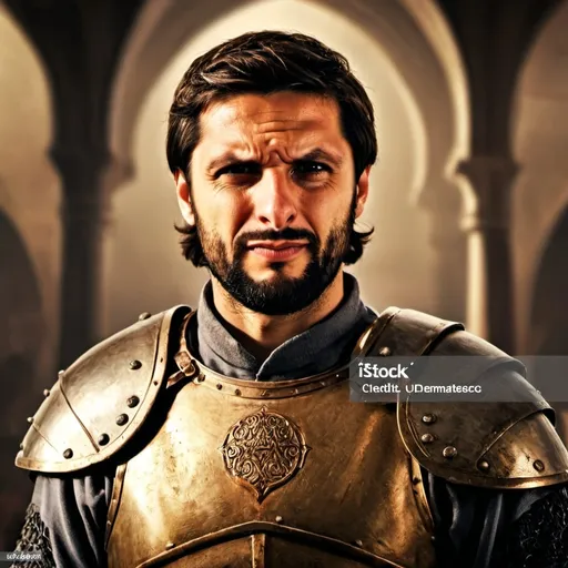 Prompt: A portrait of an arab knight, detailed face, curly dark brown long hairs on sides, medium Beard and long moustache, middle eastern face, serious look on his face, attractive, germanic cherusci warrior portrait brunette bearded, Leonidas of 300 inspired, elegant, military armor, highly detailed, sharp face, UHD, HDR, beautiful majestic armor,sowrd in hand, posing angry,