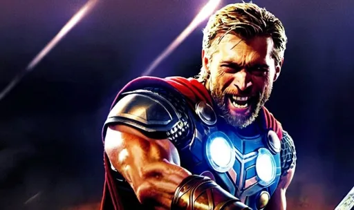 Prompt: O super-herói "Thor" segura o cabo de 1 poderoso martelo de ferro brilhante.