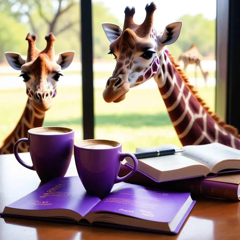 Prompt: Coffee shop, purple book, cup of coffee, and giraffes in the background