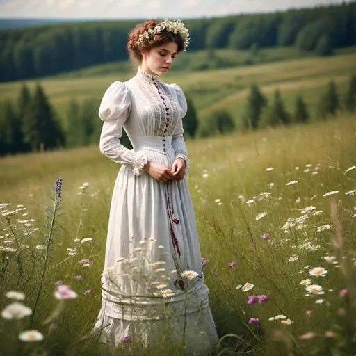 Prompt: woman with standing in a meadow in a victorian style dress. turn of the century. solem. flowers