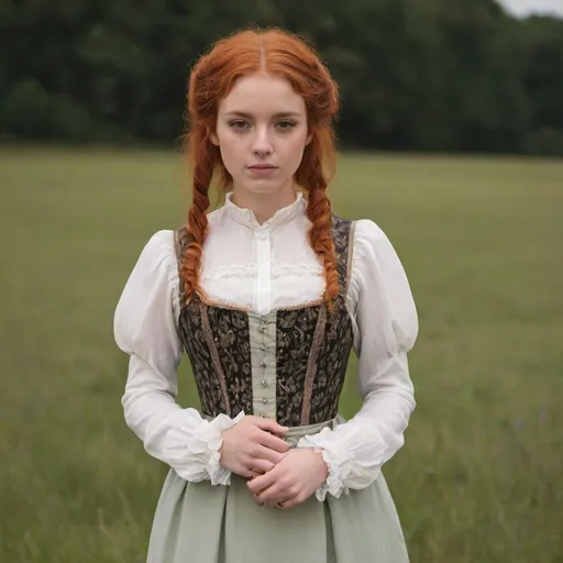 Prompt: young woman with red hair standing in a meadow in a victorian style dress.