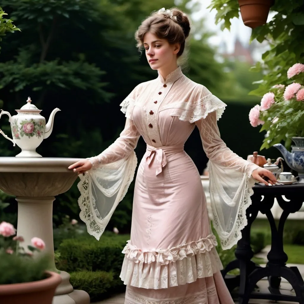 Prompt: woman wearing a tea-gown, year 1905. Garden patio. Lace. frills. realistic. 