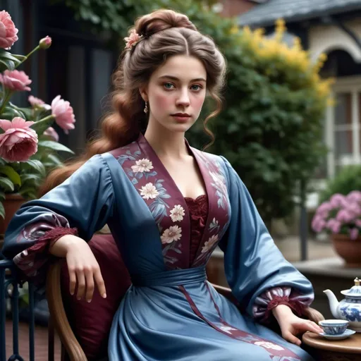 Prompt: woman wearing a blue and maroon tea-gown, year 1905. Garden patio. photo realistic. gloomy weather. bright shiny eyes. flowing hair. bird. flowers.