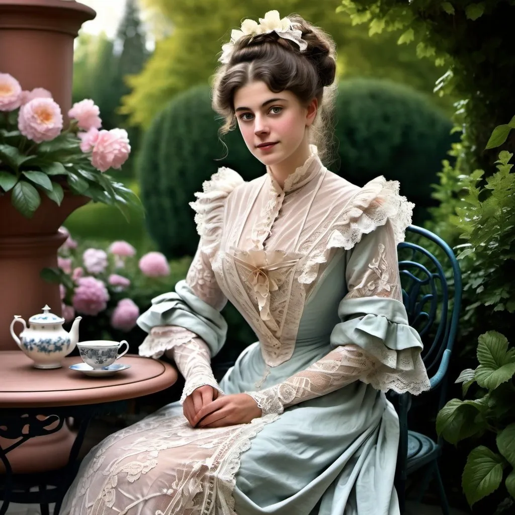 Prompt: woman wearing a tea-gown, year 1905. Garden patio. Lace. frills. realistic. 