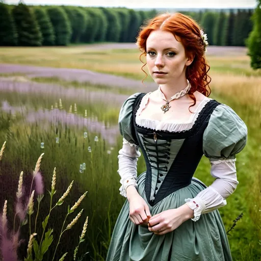 Prompt: young woman with red hair standing in a meadow in a victorian style dress.