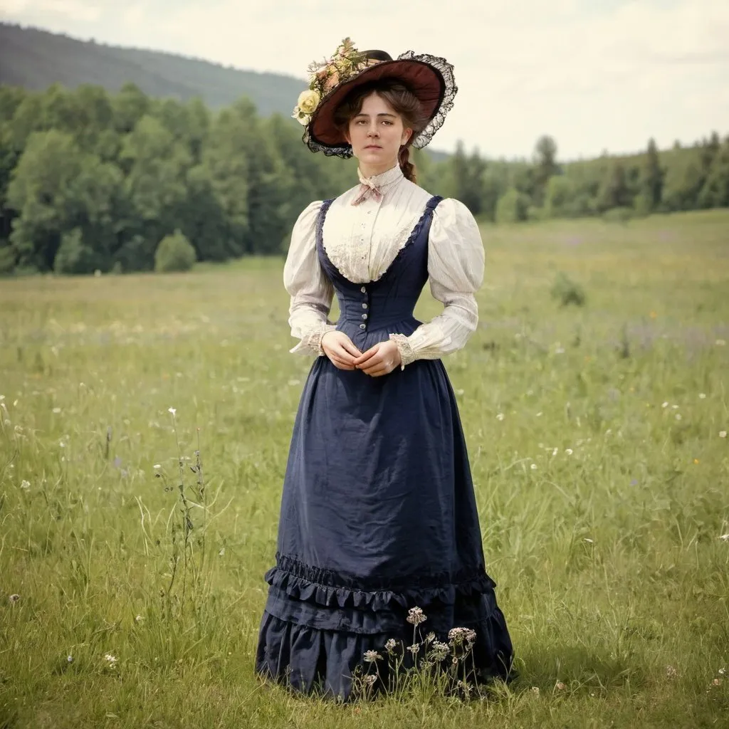 Prompt: woman standing in a meadow in a victorian style dress. turn of the century. 