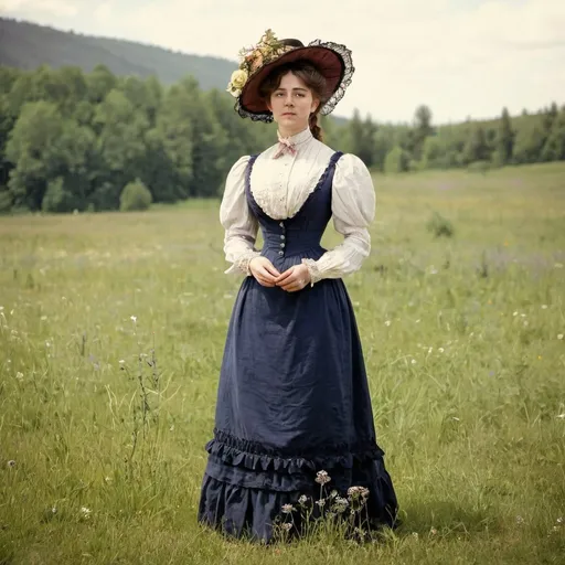 Prompt: woman standing in a meadow in a victorian style dress. turn of the century. 