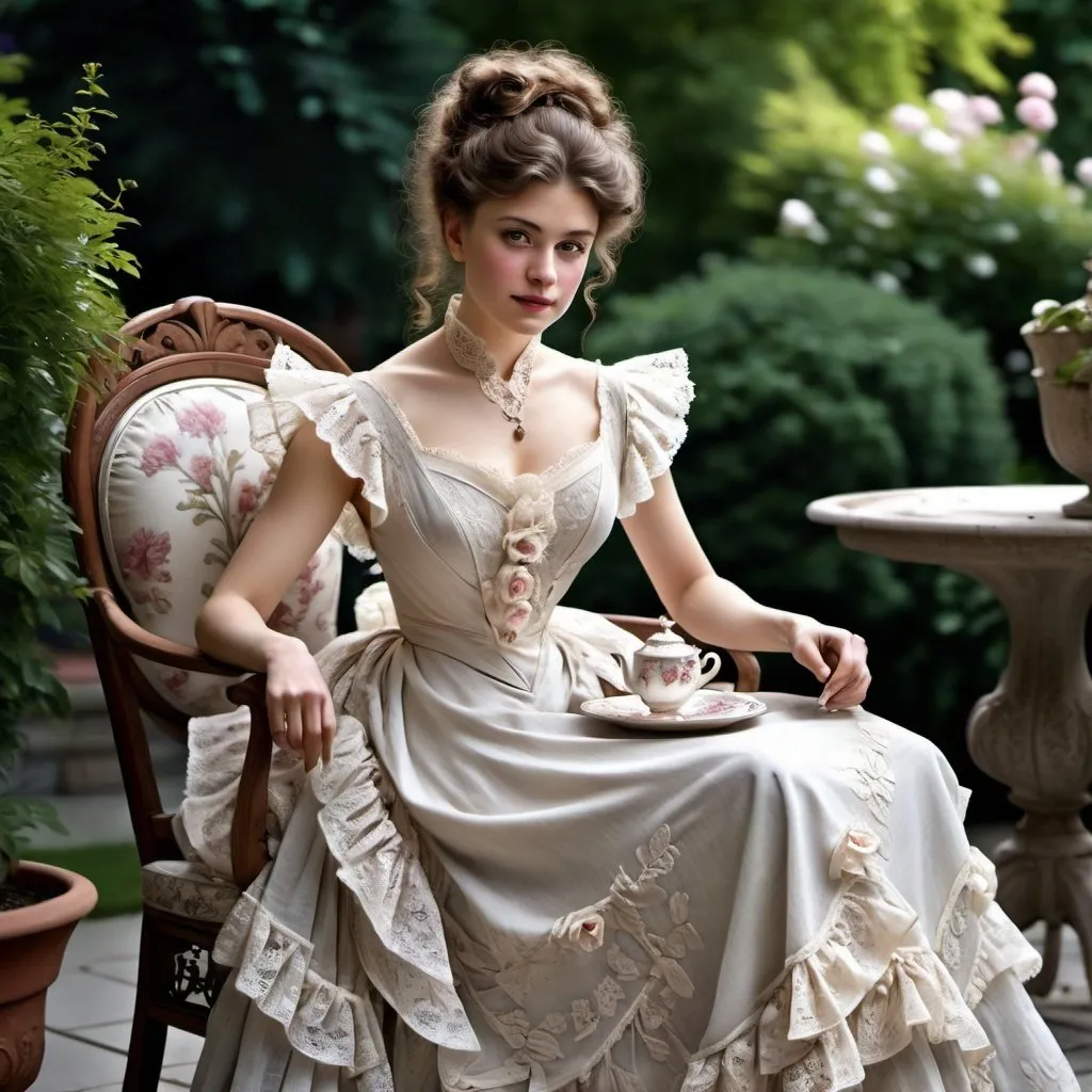 Prompt: woman wearing a tea-gown, year 1905. Garden patio. Lace. frills. realistic. 