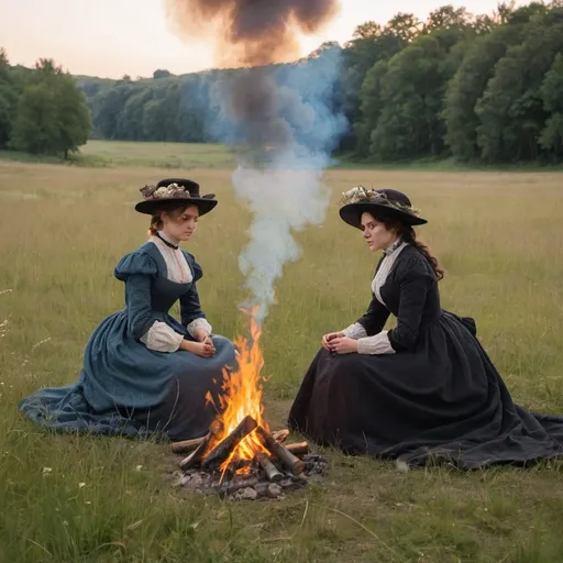 Prompt: two victorian women sitting by a fire in a meadow. runaways 
