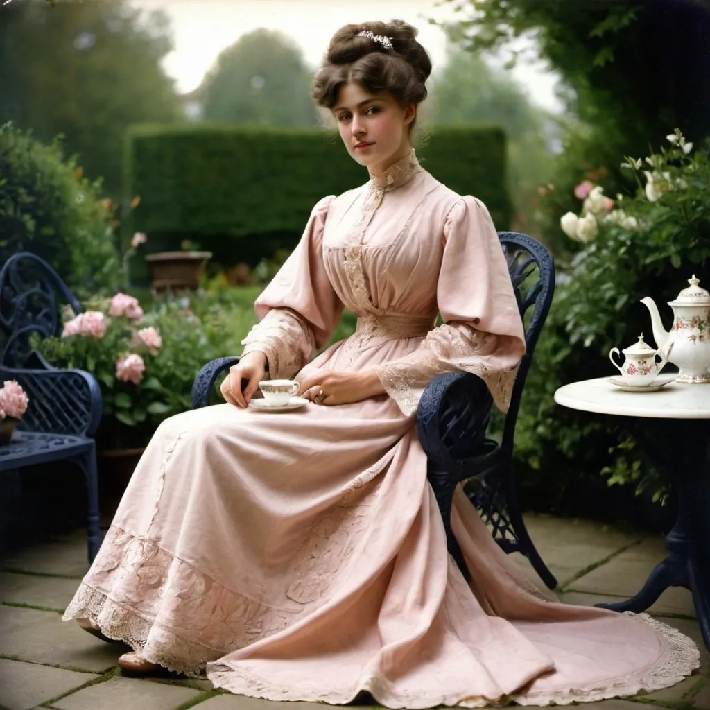 Prompt: woman wearing a tea-gown, year 1905. Garden patio