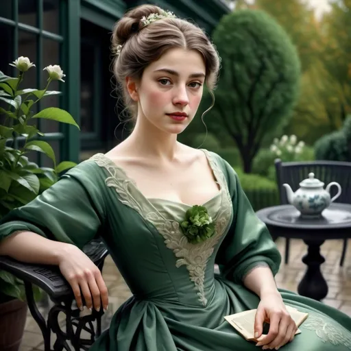 Prompt: woman wearing a deep green tea-gown, year 1905. Garden patio. photo realistic. gloomy weather. 
