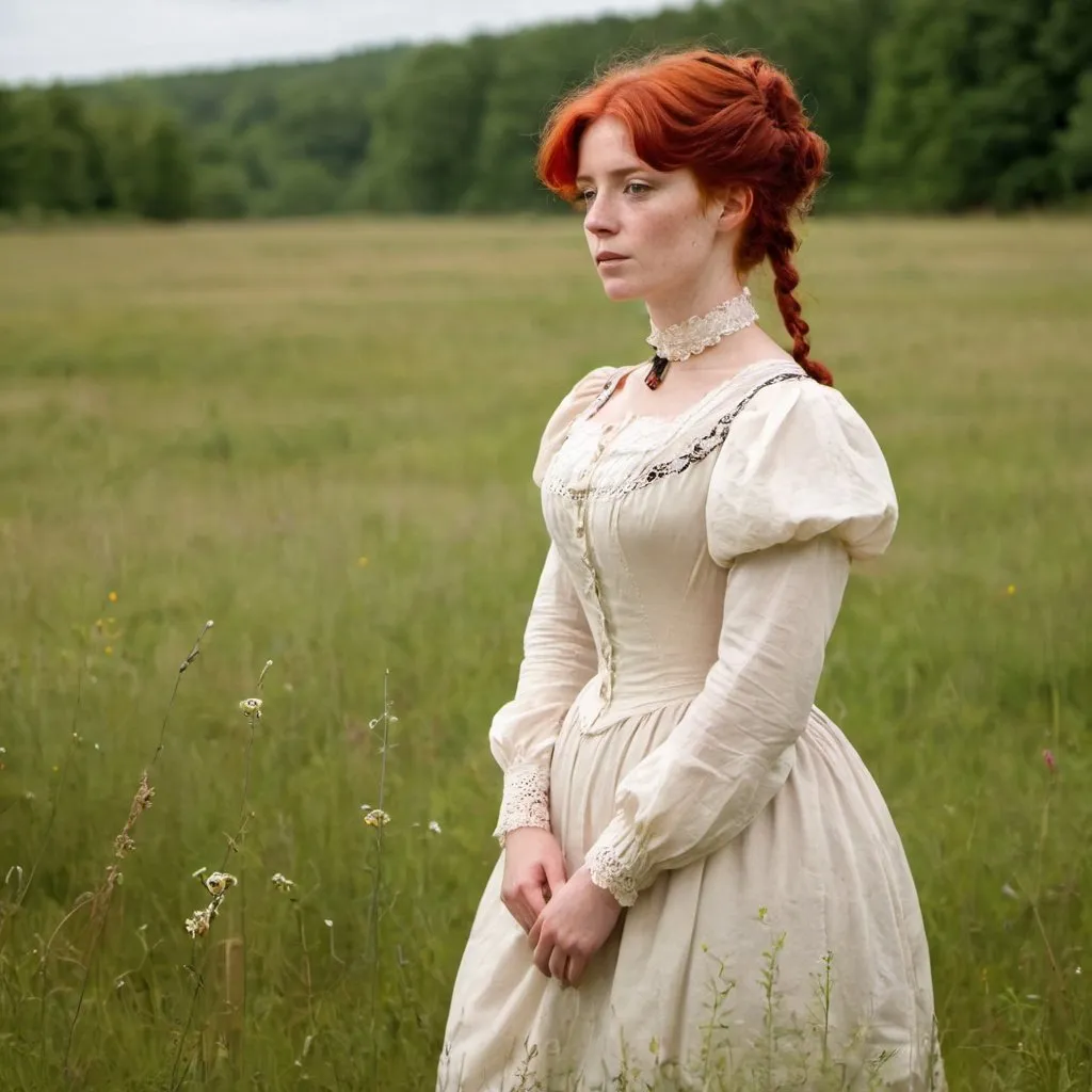 Prompt: woman with red hair standing in a meadow in a victorian style dress. turn of the century. 