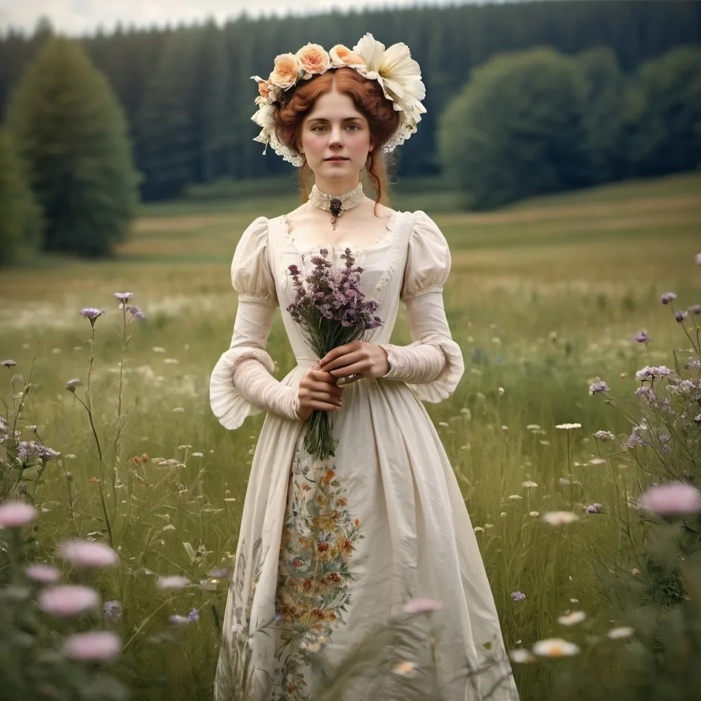 Prompt: woman with standing in a meadow in a victorian style dress. turn of the century. solem. flowers