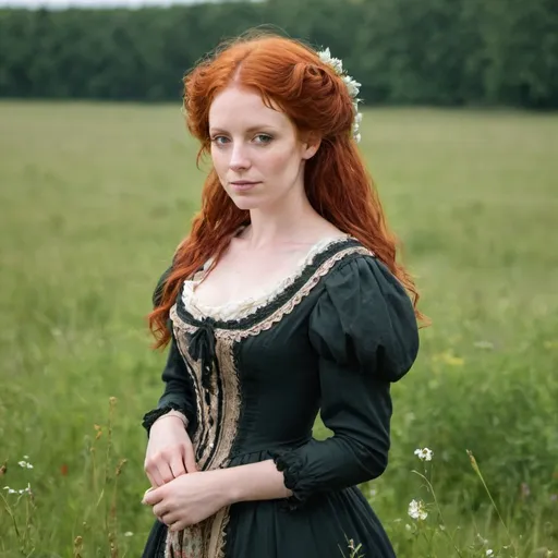 Prompt: woman with red hair standing in a meadow in a victorian style dress