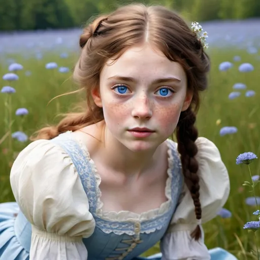 Prompt: victorian girl sitting in a meadow, bright blue eyes, sharp features. upnose. freckles.