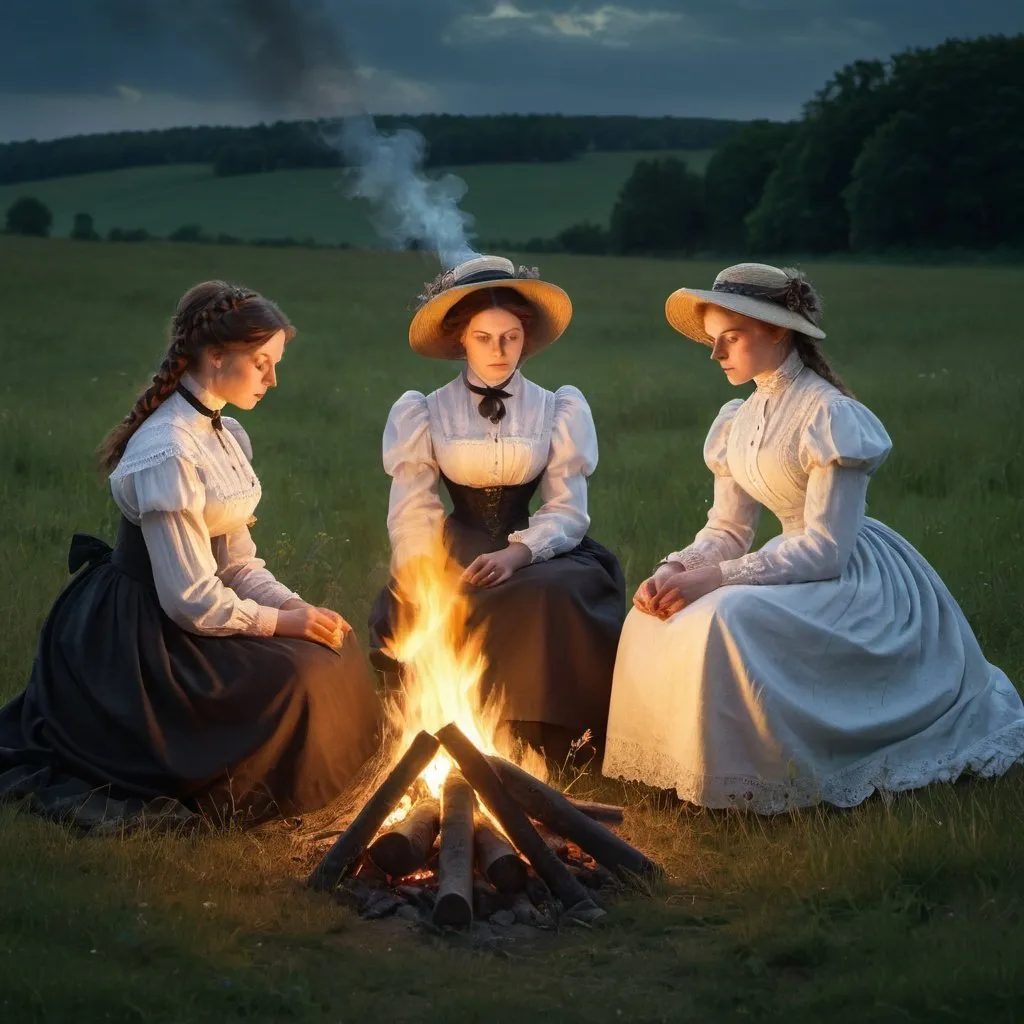 Prompt: three victorian women sitting by a fire in a meadow. runaways. year 1880. high detail. dramatic lighting. evening.