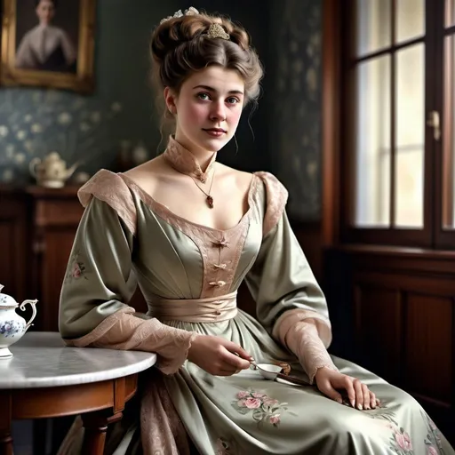 Prompt: woman wearing a tea-gown, year 1905.  photo realistic. 