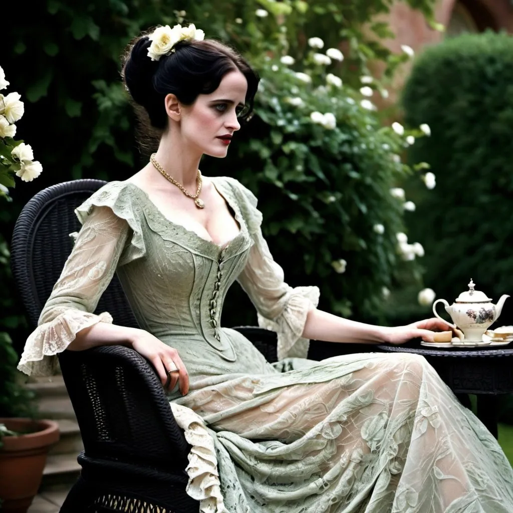 Prompt: eva green wearing a tea-gown, year 1905. Garden patio. Lace. frills.