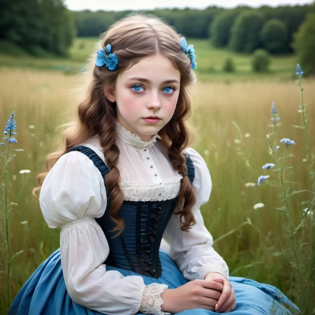 Prompt: victorian girl sitting in a meadow, bright blue eyes, sharp features. 