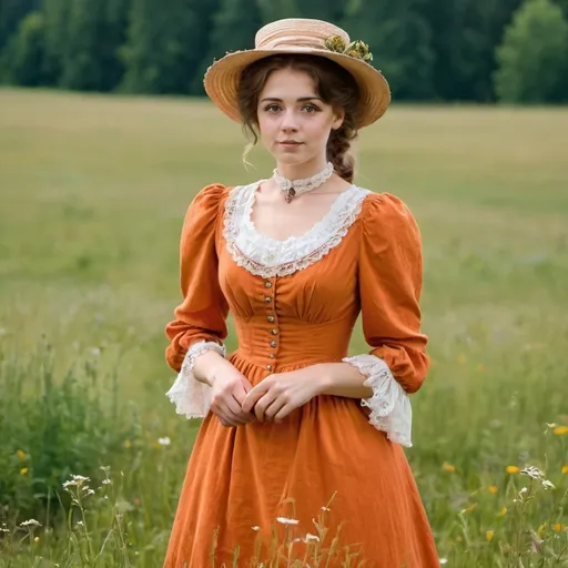 Prompt: cute woman standing in a meadow in a victorian style orange dress. turn of the century