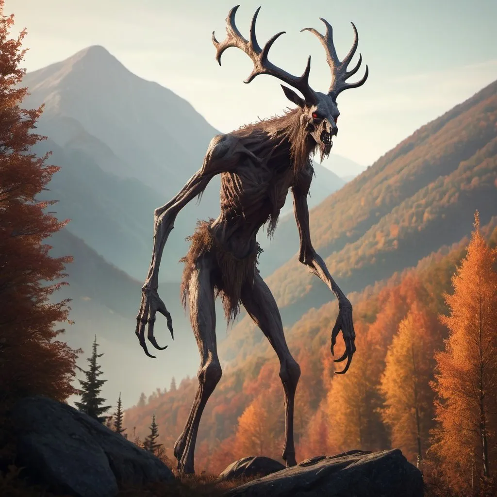 Prompt: Cryptid Creature, uncanny, tall,  wendigo. Mountains, warm light, early autumn 