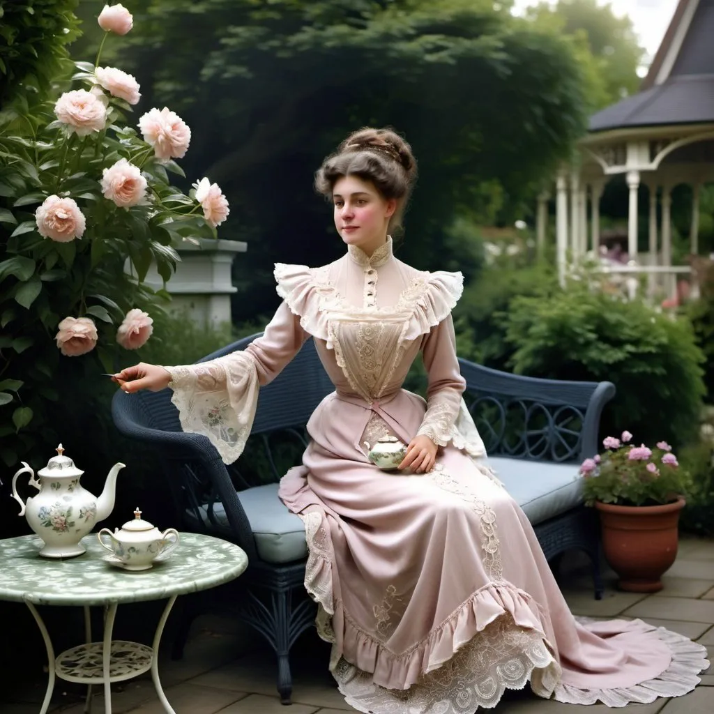 Prompt: woman wearing a tea-gown, year 1905. Garden patio. Lace. frills. realistic. 