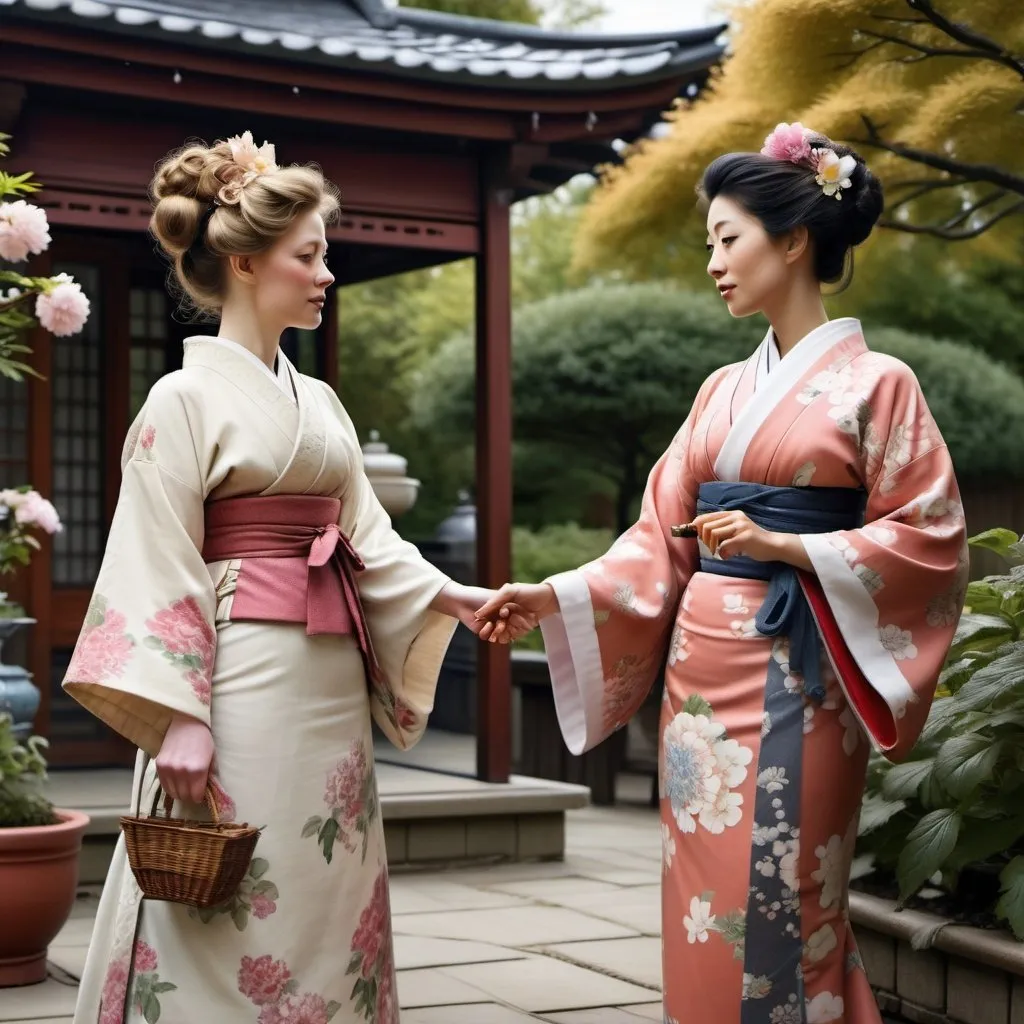 Prompt: an english woman in victorian dress meeting an asian woman in a kimono. Garden patio. year 1905. detailed. photo realistic.