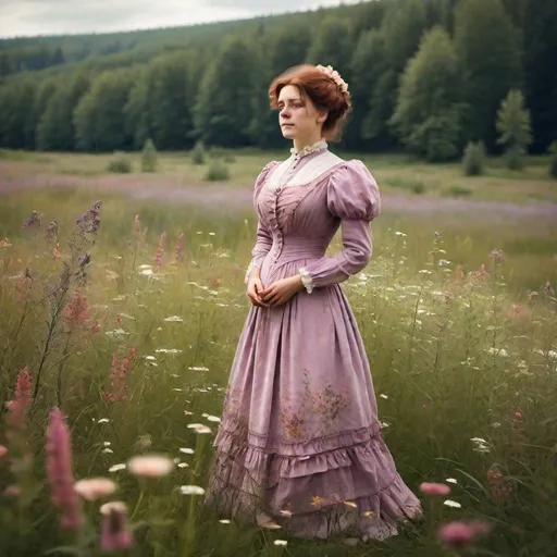 Prompt: woman standing in a meadow in a dyed victorian style dress. turn of the century. solem. flowers