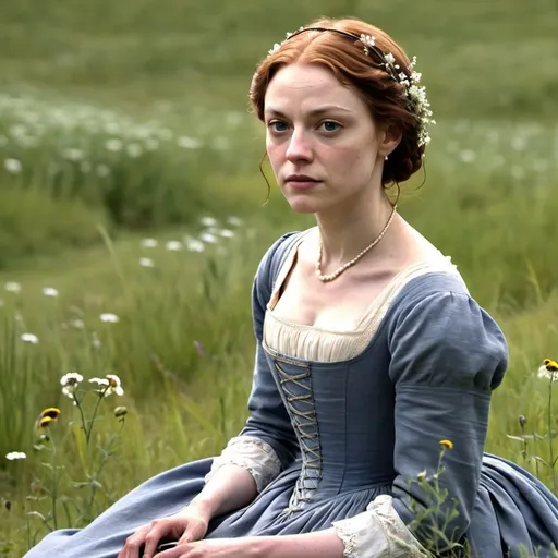Prompt: grace from the tv series alias grace. sitting in a meadow. solem, bright eyes. pretty