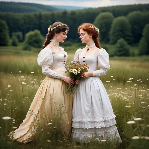 Prompt: two women in love standing in a meadow. victorian style dress. turn of the century. solem. flowers