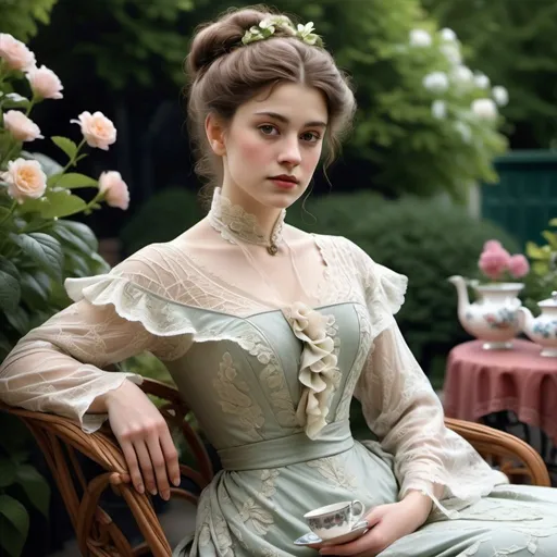 Prompt: woman wearing a deep grean tea-gown, year 1905. Garden patio. photo realistic. gloomy weather. 