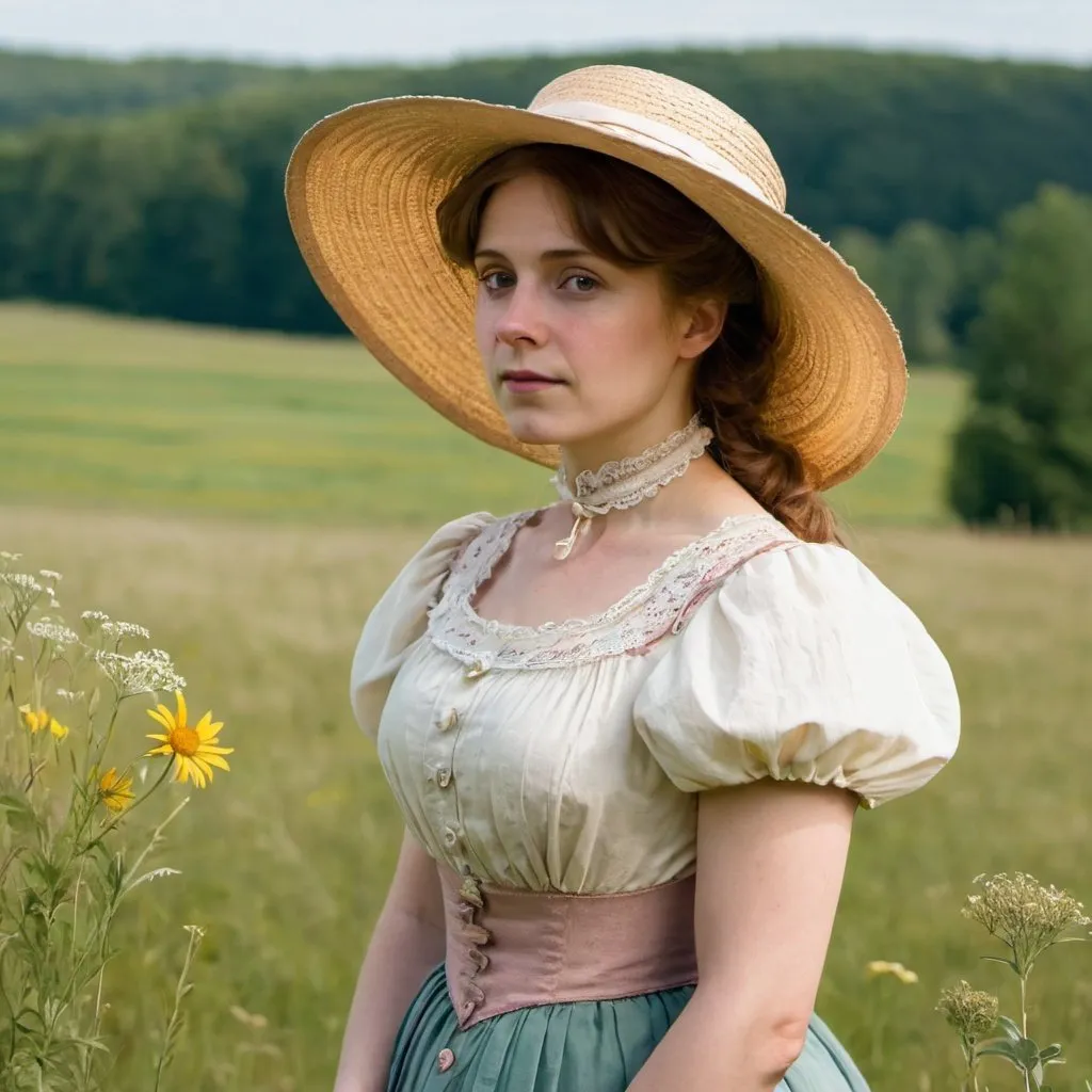 Prompt: woman standing in a meadow in a victorian style dress. turn of the century. sun hat