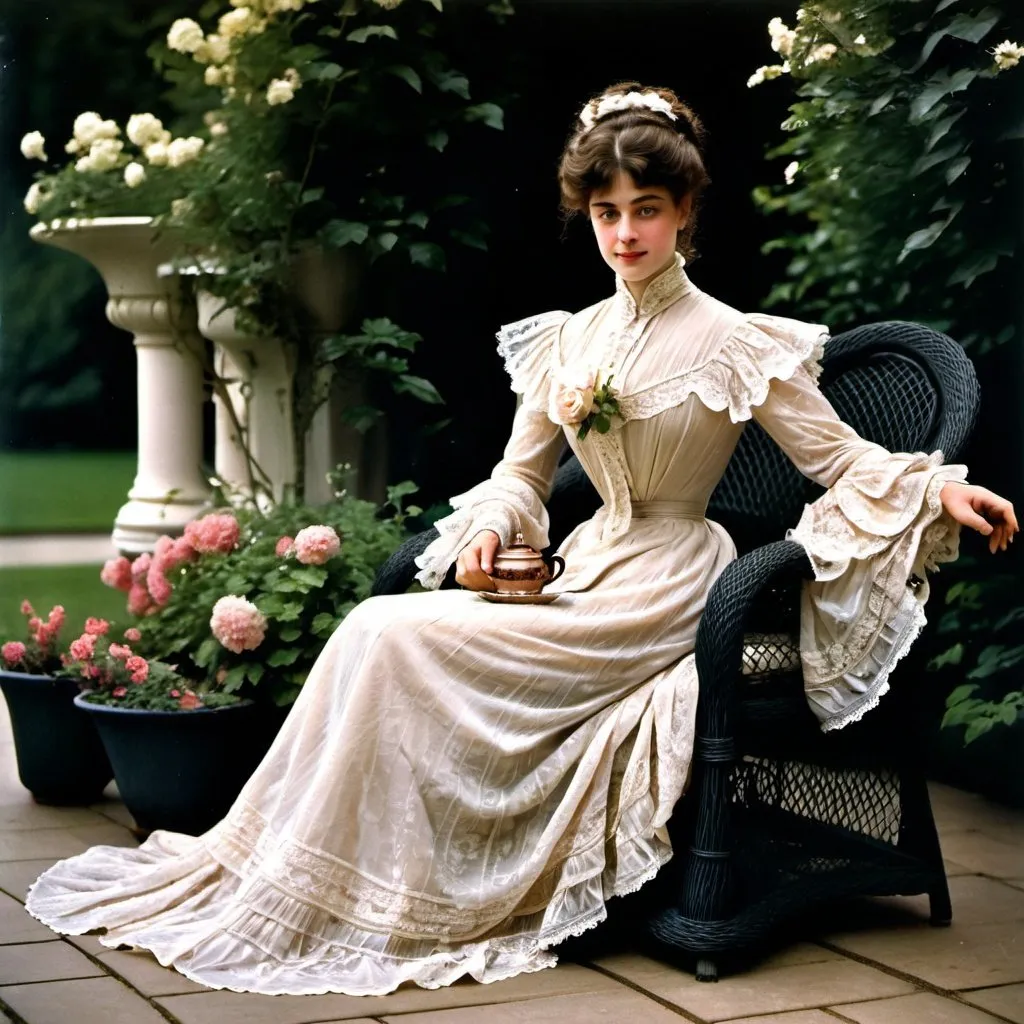 Prompt: woman wearing a tea-gown, year 1905. Garden patio. Lace. frills.