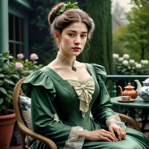 Prompt: woman wearing a deep green tea-gown, year 1905. Garden patio. photo realistic. gloomy weather. 