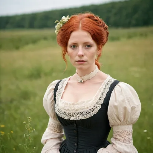 Prompt: woman with red hair standing in a meadow in a victorian style dress. turn of the century. 