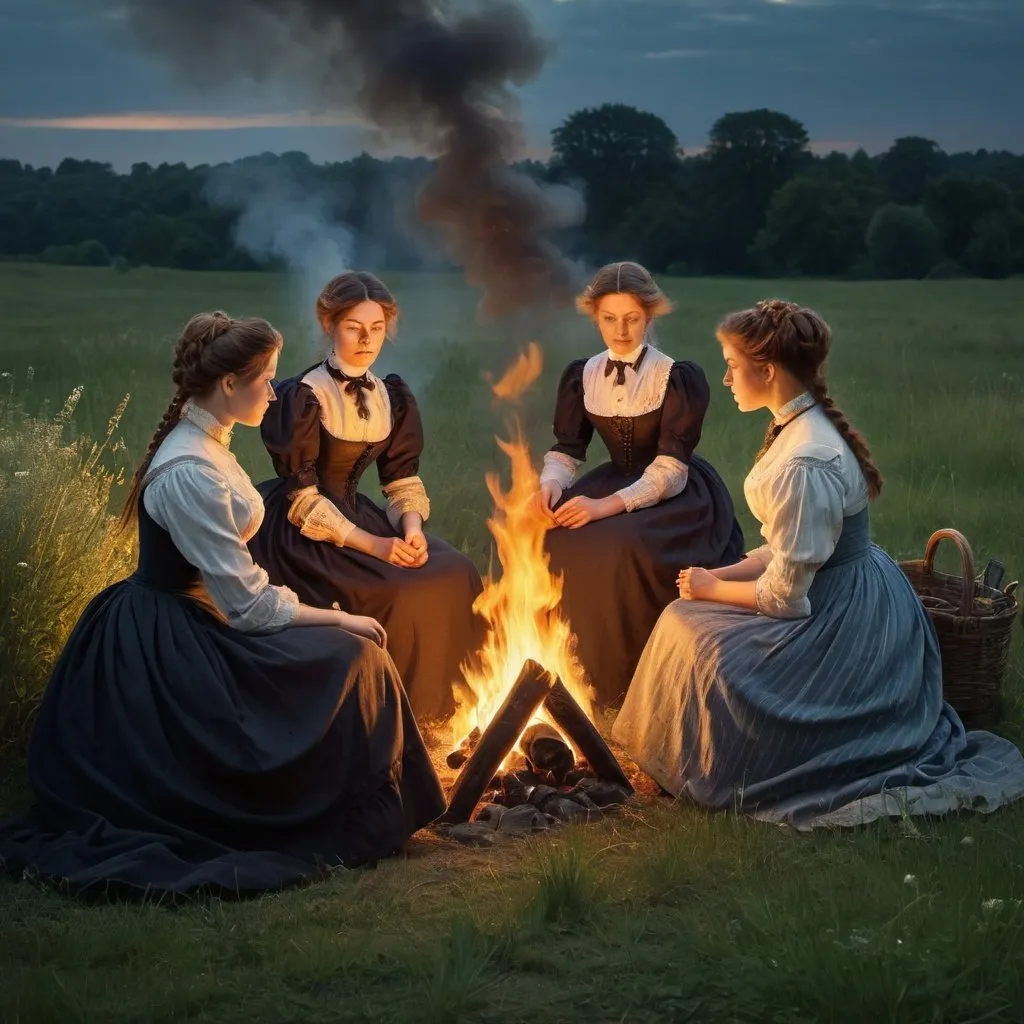 Prompt: three victorian women sitting by a fire in a meadow. runaways. year 1880. high detail. dramatic lighting. evening.