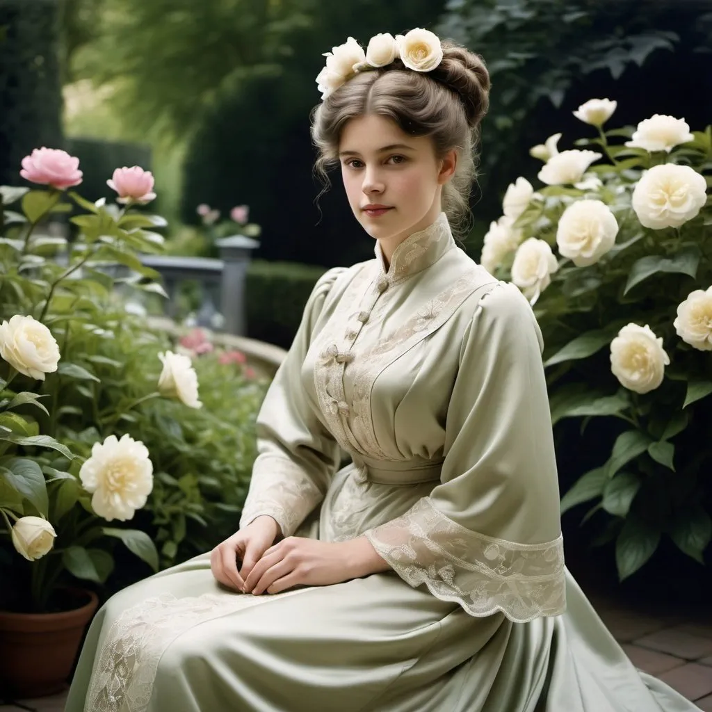 Prompt: young woman wearing a tea-gown, year 1905. Garden patio