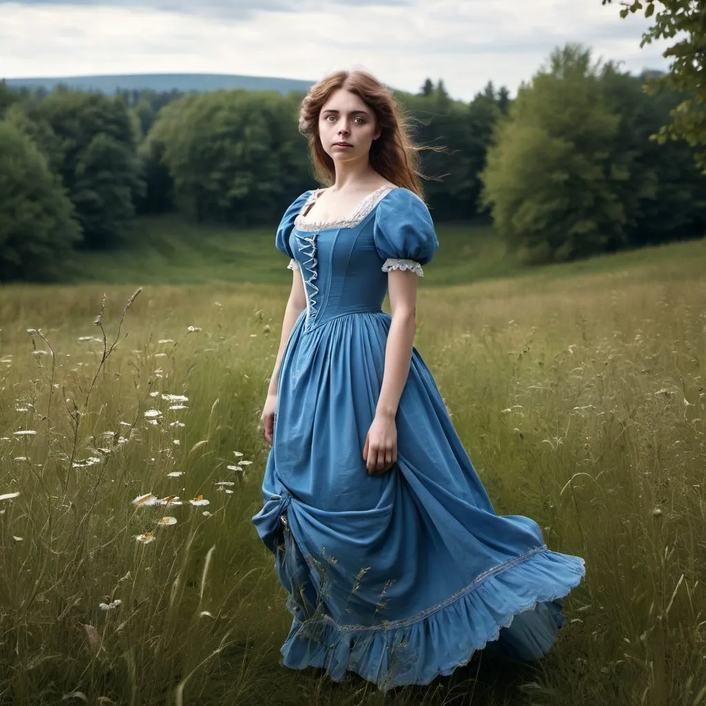 Prompt: young woman standing in a meadow in a blue victorian style dress. solem