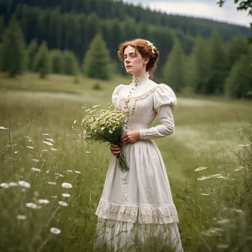 Prompt: woman with standing in a meadow in a victorian style dress. turn of the century. solem. flowers