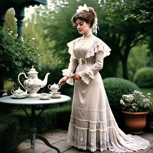 Prompt: woman wearing a tea-gown, year 1905. Garden patio. Lace. frills.