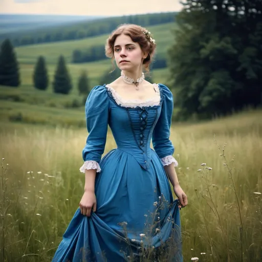 Prompt: young woman standing in a meadow in a blue victorian style dress. turn of the century. solem