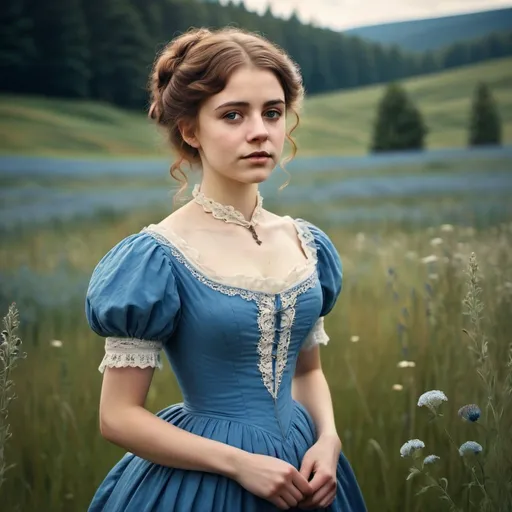 Prompt: young woman standing in a meadow in a blue victorian style dress. turn of the century. solem