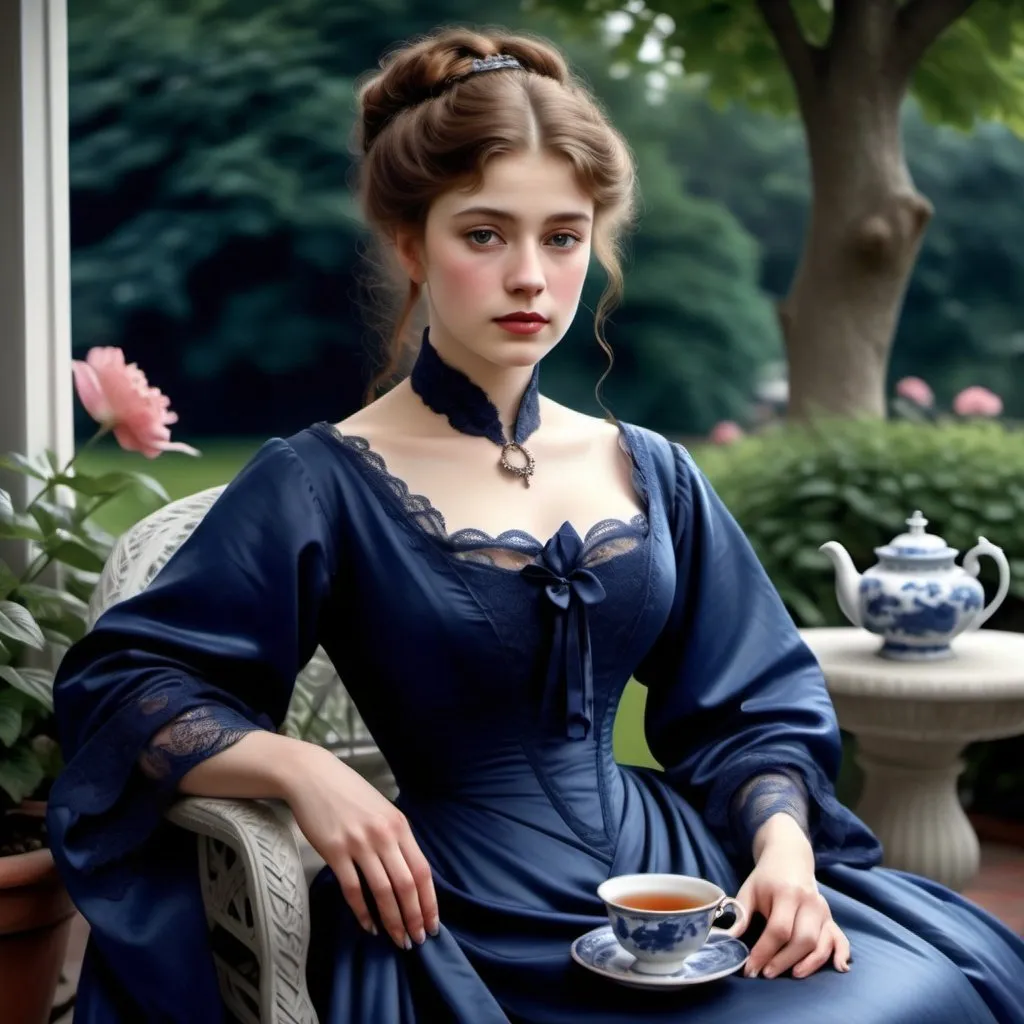 Prompt: woman wearing a deep blue tea-gown, year 1905. Garden patio. photo realistic. gloomy weather. 